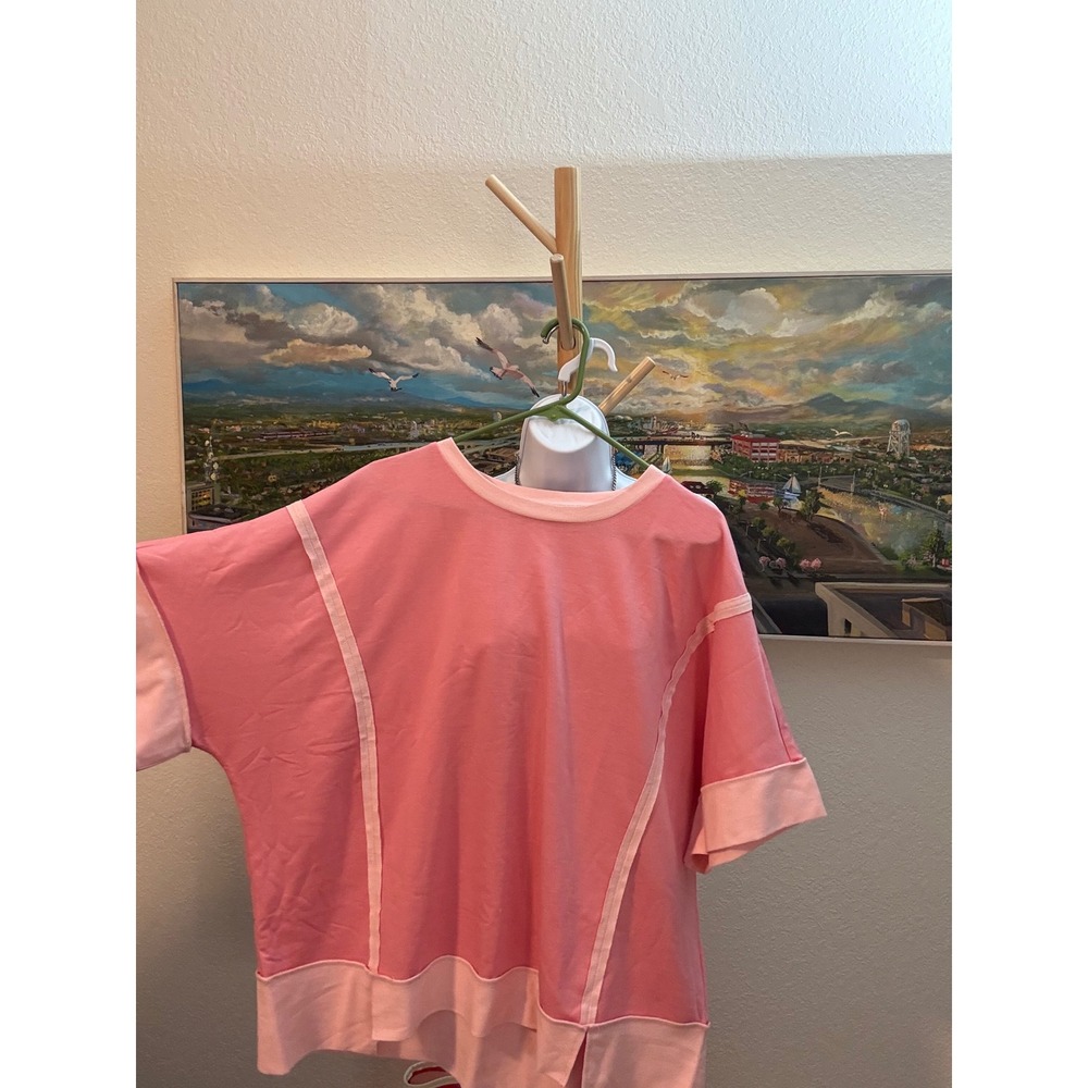 Short Sleeve Top Women Pink Paneled Oversized Crew Neck Tee